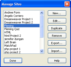 Manage Sites Dialogue Box
