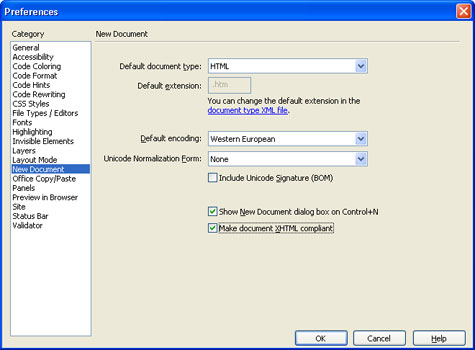 Dreamweaver Preferences Dialog Box - New Document