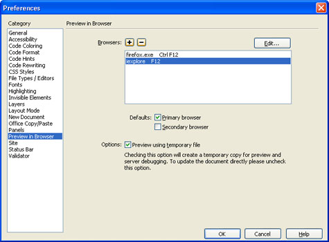 Dreamweaver Preferences Dialog Box - Preview in Browser