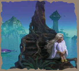 Young Acorna sitting by an alien lake