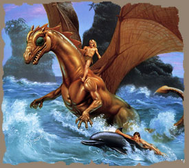 T'lion on his bronze dragon and his Readis with a dolphin